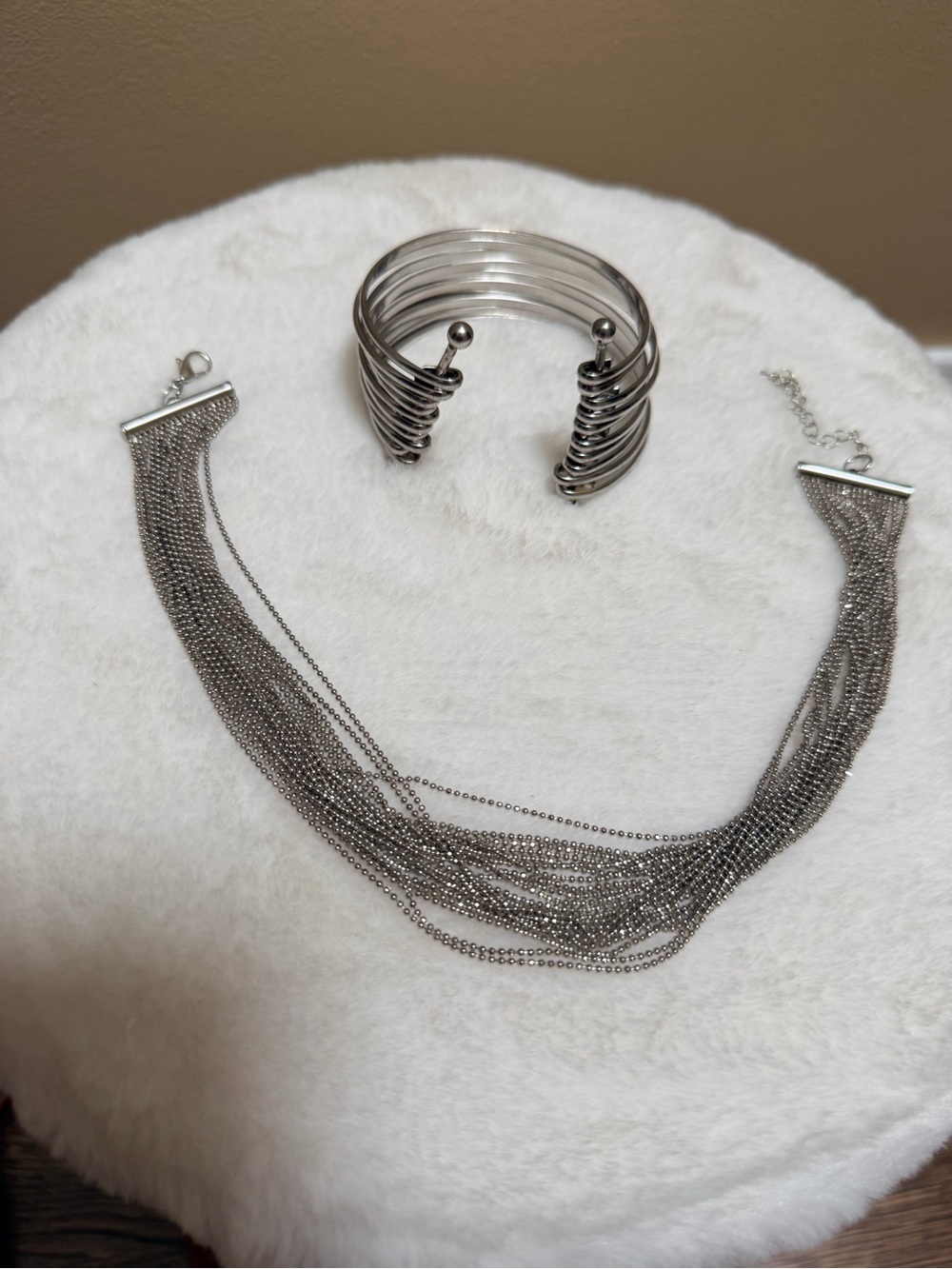 Boutique Branded Silver Stacked Bangle Bracelet Chocker Chain Necklace Women NEW